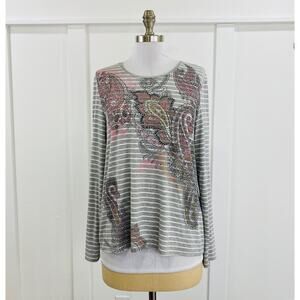 Zenergy By Chico's Top Women's 1 U.S. Medium 8 Gray Paisley Striped Long Sleeve